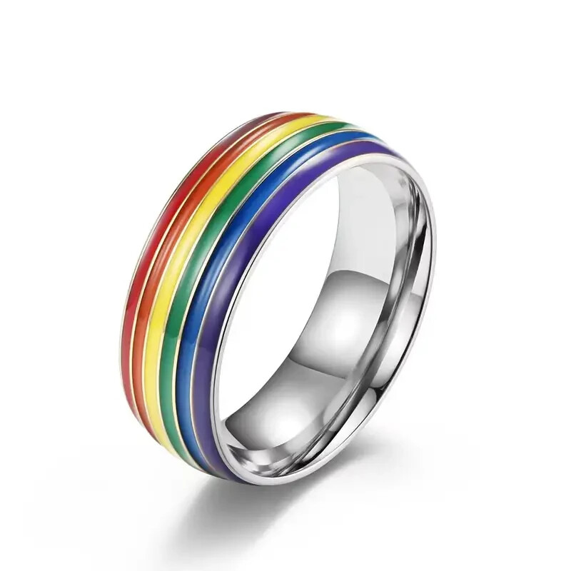 Band Silver-Tone Stainless Steel Pride Rainbow Ring Size 10 New Free Ship A980