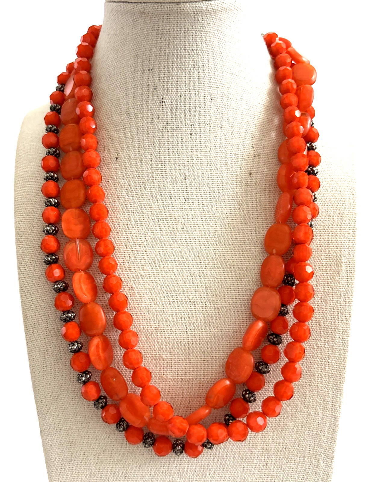 Carnelian Chalcedony Red Coral Bead 3 Strand Necklace 16”-22”