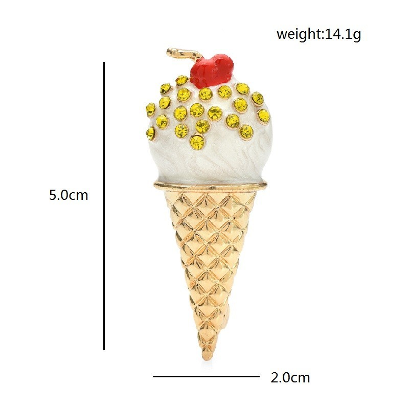 2PCS Ice Cream Cone Brooch Pin Enamel Rhinestone Dessert Sweet Treat Gold Tone
