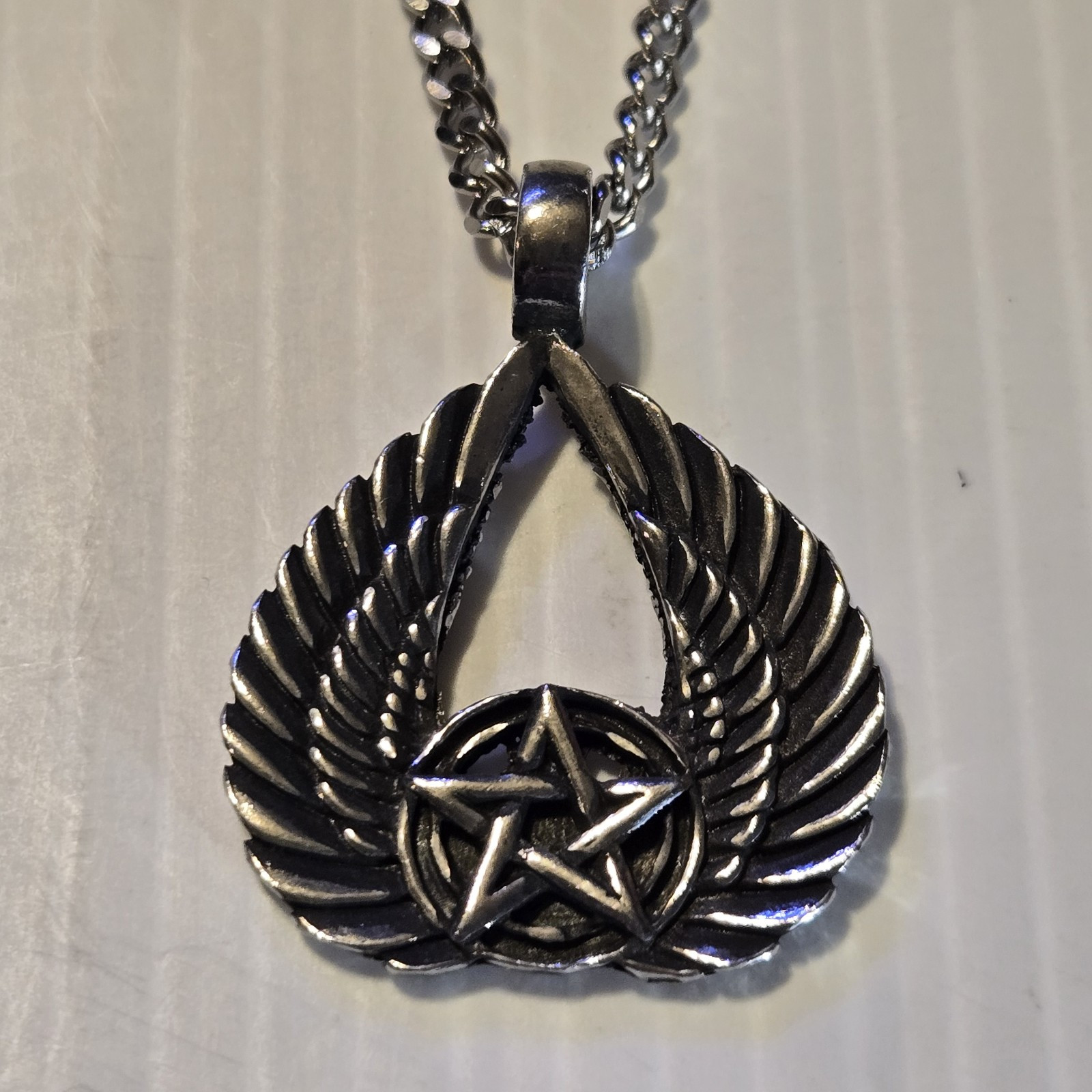 PENTAGRAM / WINGS Pewter Pendant Charm /18″-24″ STAINLESS CURB CHAIN NECKLACE