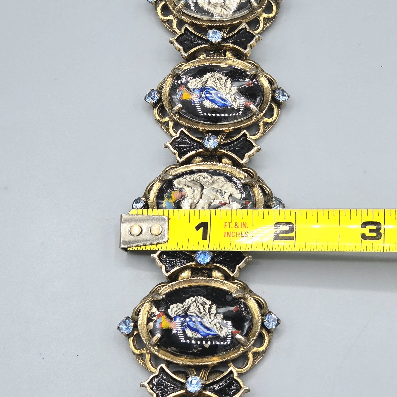 Vintage Can-Can Dancer Intaglio Reverse Paint Glass Panel Link Bracelet Earrings