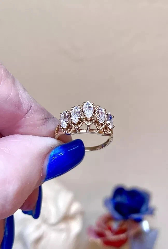 3Ct Marquise Cut Real Moissanite Band Wedding Ring 14K Yellow Gold Plated Silver