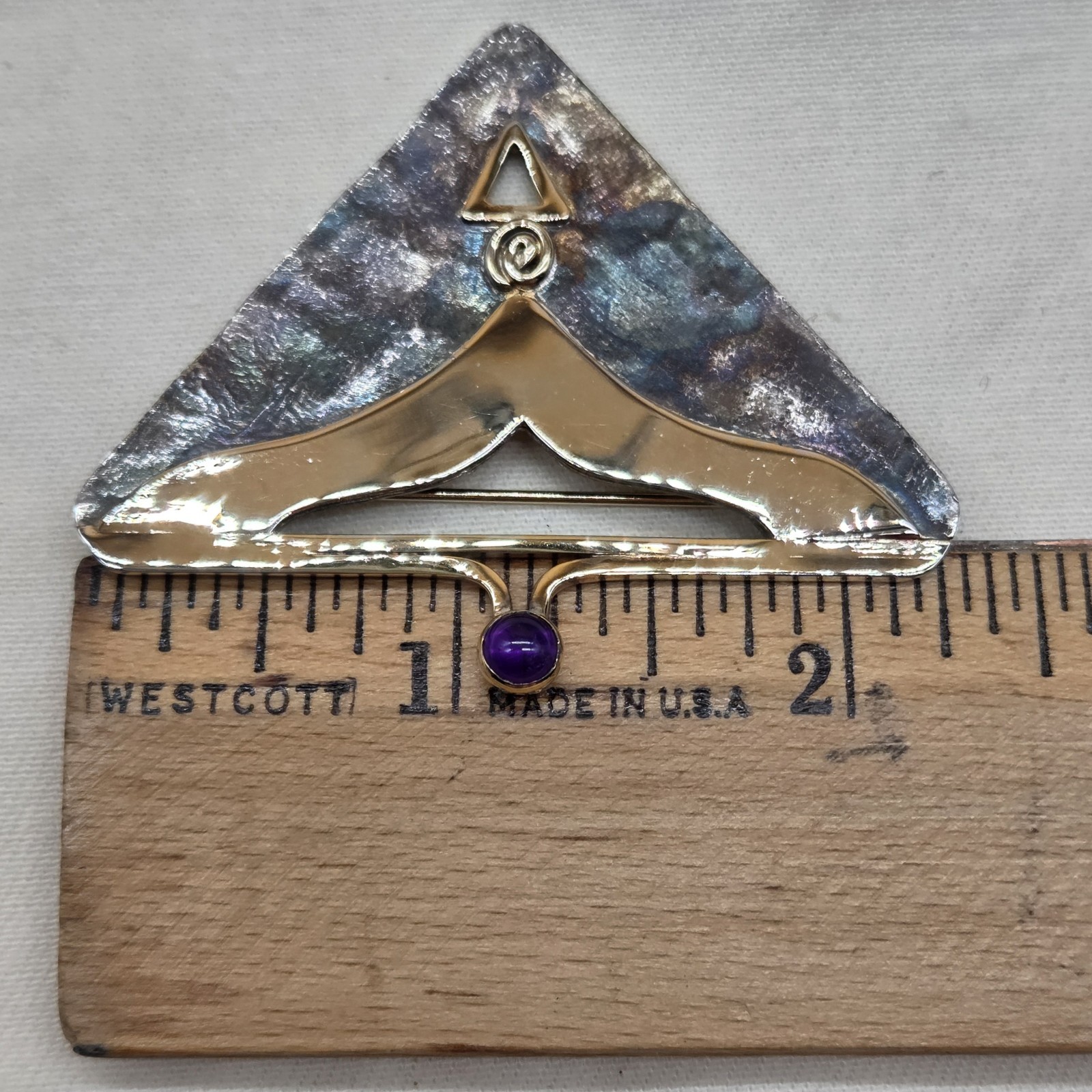 Vintage Sterling Silver & Other Metal Amethyst Stone Triangle Shape Brooch