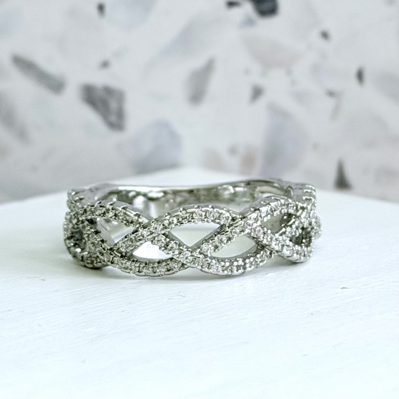 14k White Gold & 925 Silver Simulated Sapphire Crisscross Infinity Women’s Ring