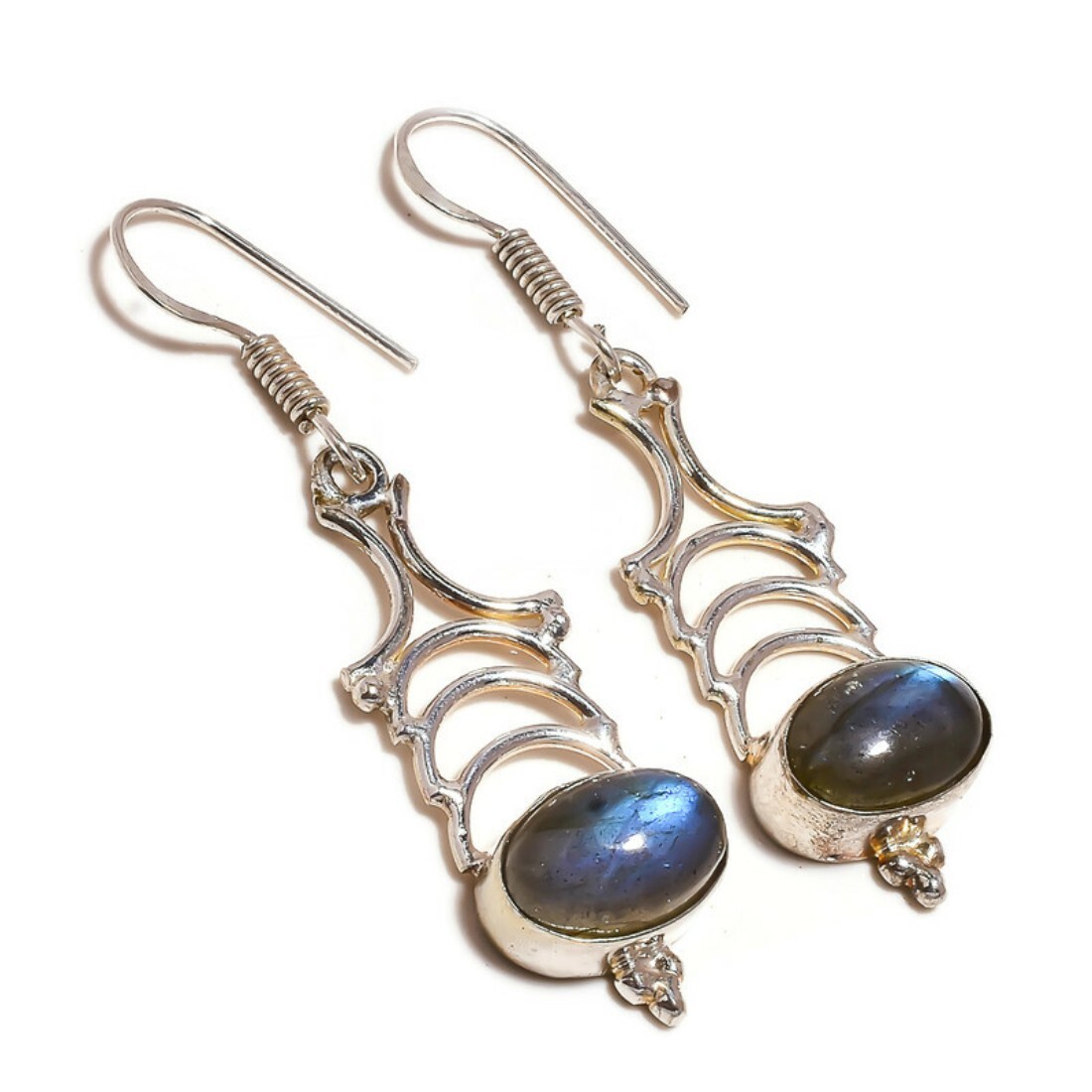 Blue Fire Labradorite Cabochon Gemstone Handmade Artisan Drop Dangle Earrings