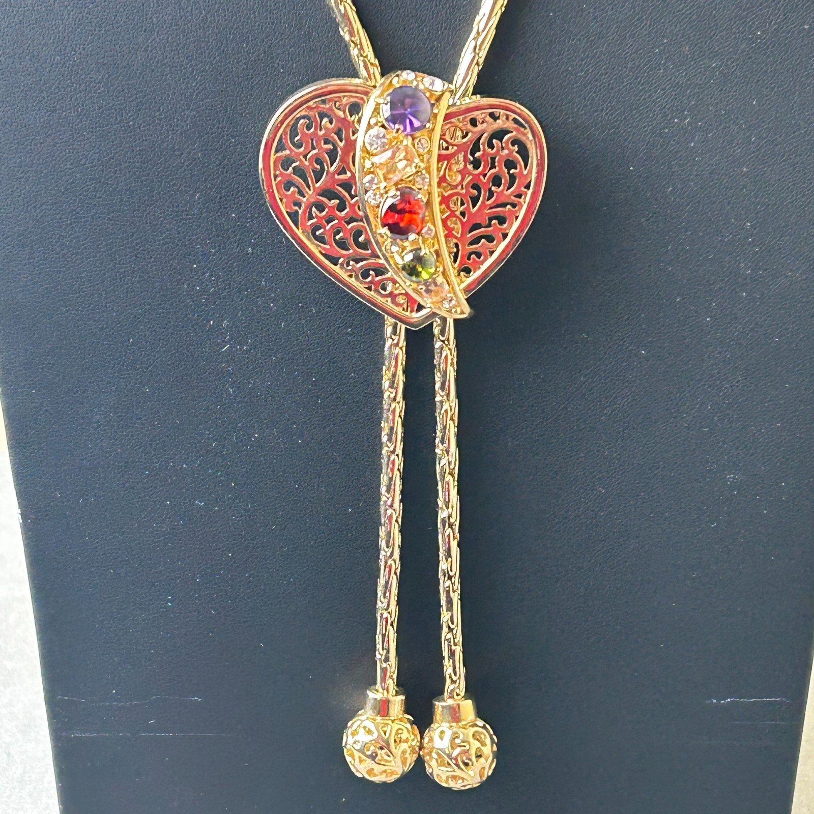 Gold Tone Lariat Chain Necklace – Heart Bolo Slide – Crystals Open Back Setting