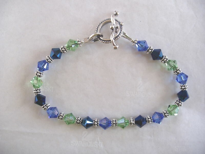 BLUE & GREEN BEADED BRACELET SAPPHIRE BLUE, PERIDOT made with SWAROVSKI CRYSTALS
