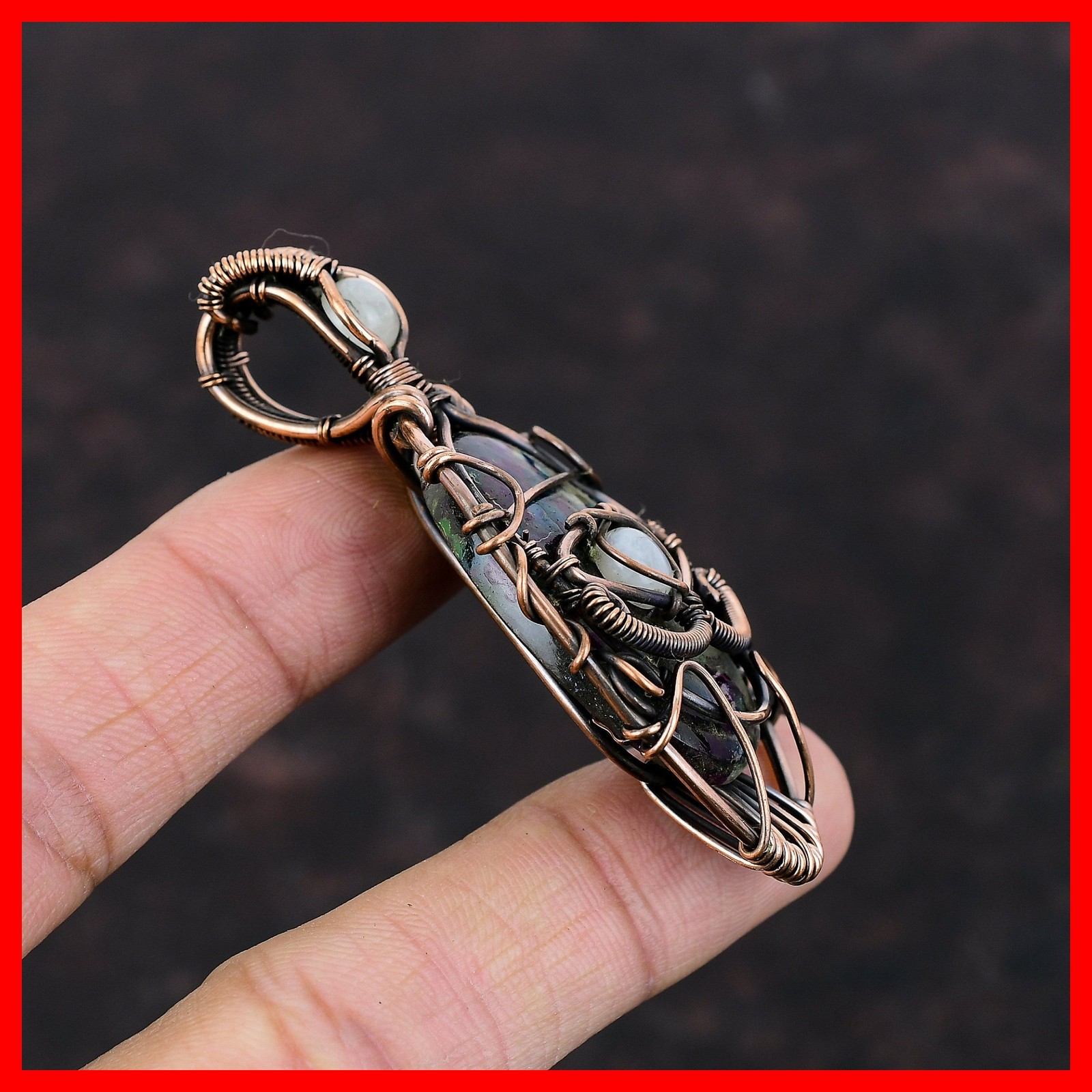 Multi Fire Labradorite Stone Rainbow Moonstone Copper Engagement Pendant Jewelry
