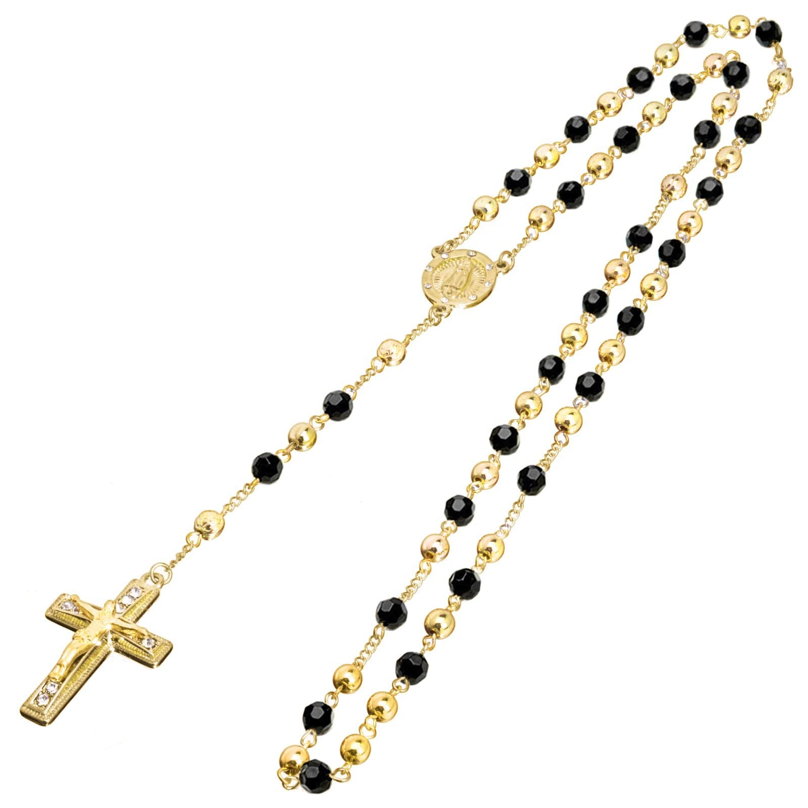 metaltree98 Rosary 6 mm Black Bead 27 Inch + 5 inch extension, Gold