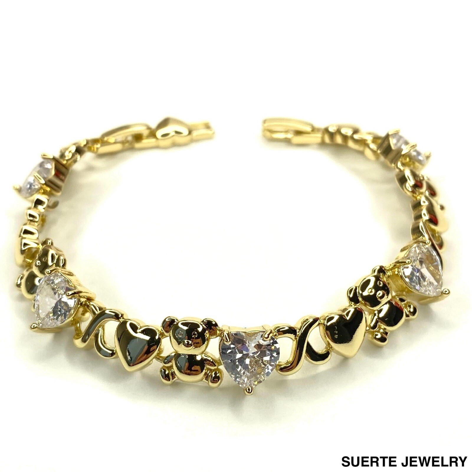 14K Gold Plated Teddy Bear & Hearts Bracelet Oro Laminado Corazon Pulsera