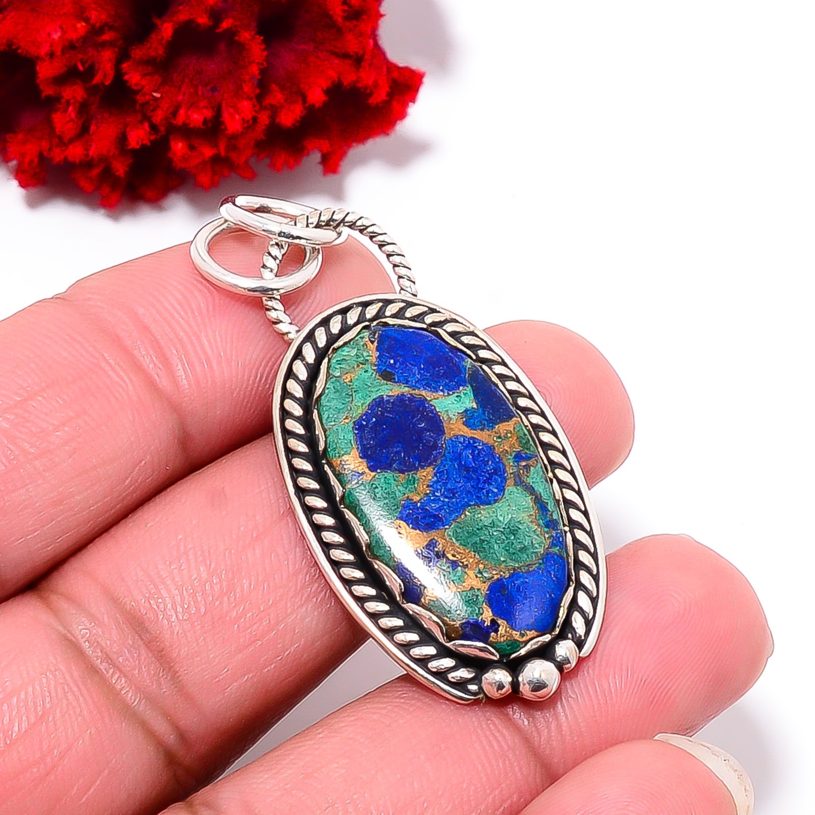 Copper Azurite Chrysocolla Handmade 925 Sterling Silver Pendant 1.79 P99869