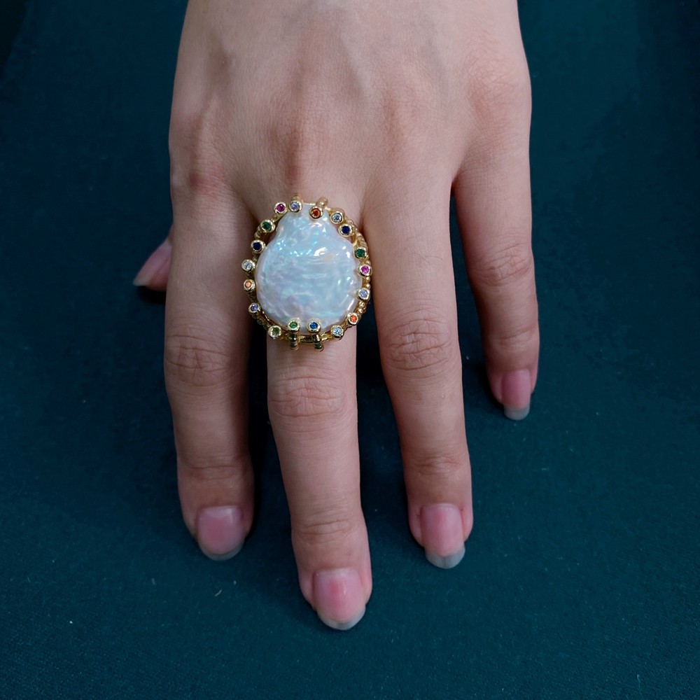 26mm White Coin Pearl Multi Color Cz Pave Finger Rings Adjustable Ring