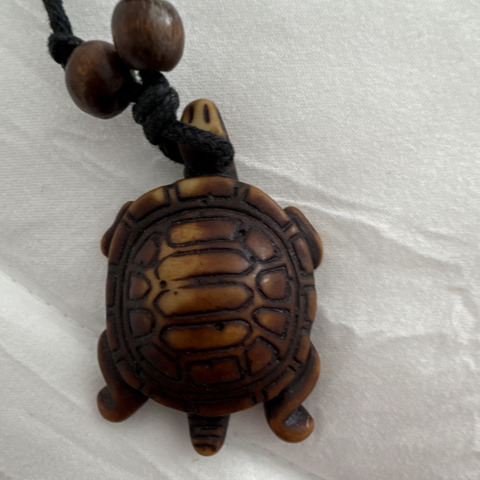Adjustable Black Cord Beaded Necklace with Brown Wood Turtle Charm Pendant