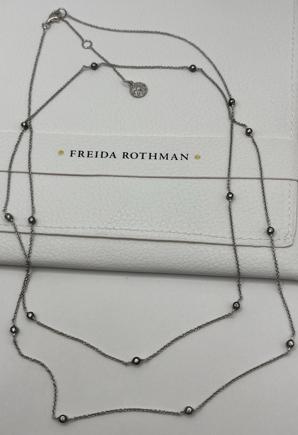 Freida Rothman Silver & Black CZ Bezel Set Station Necklace 36 Inch w/ Extender