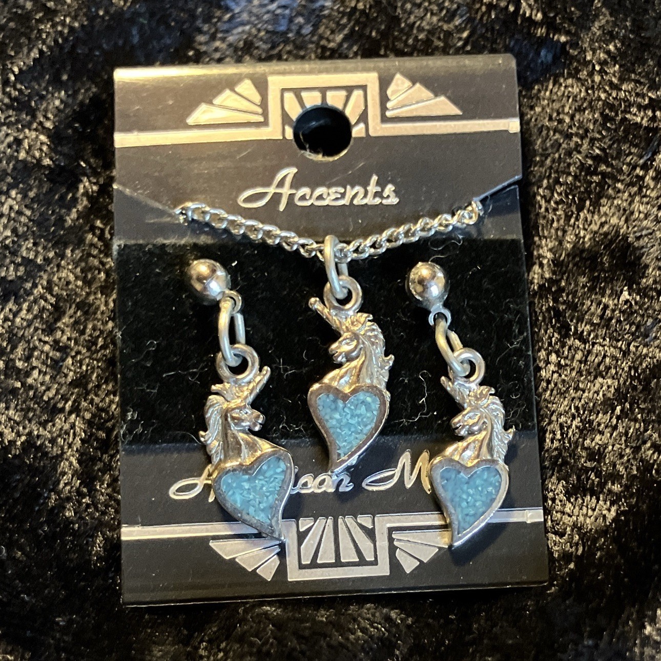 Accents Silver Unicorn Necklace & Earrings Jewelry Set w/ Blue Heart Love Charms
