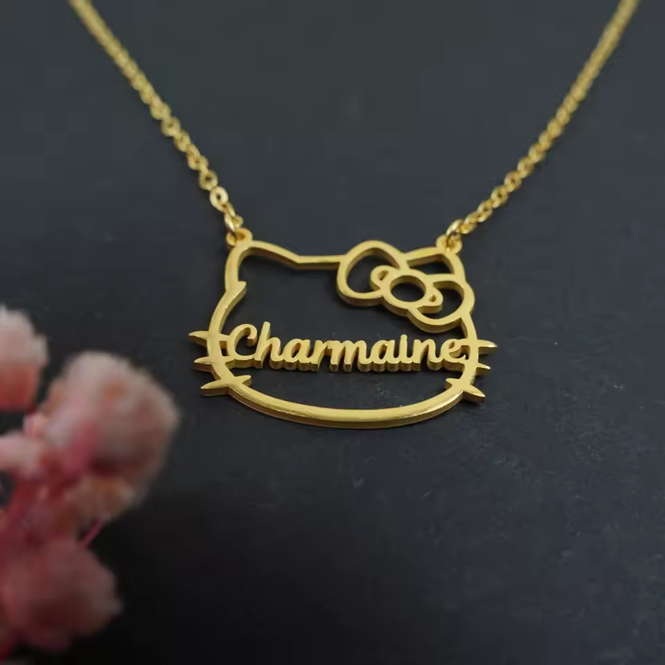 Custom Name Cat Shape Necklace Pendant Jewelry Stainless Steel Gift Silver Gold