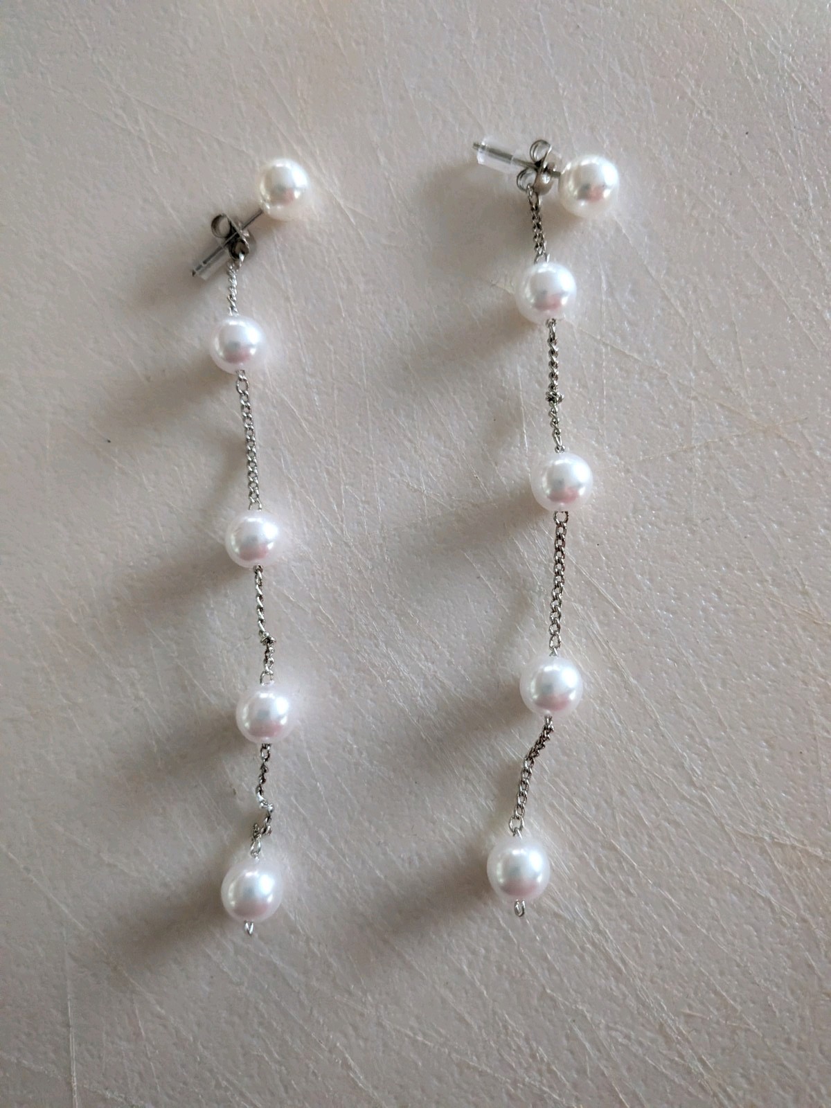Beautiful Dochais Dangly Faux Pearl Silver Tone Earrings, Boxed.