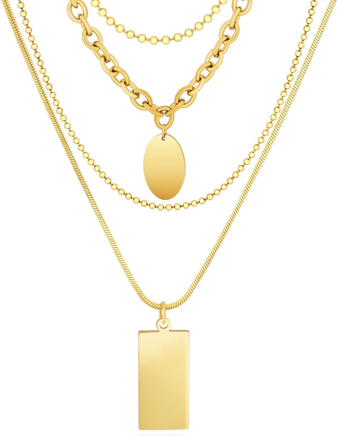 4PCS Gold Layered Necklace Set: bead,thin bead, oval square pendant chunky chain