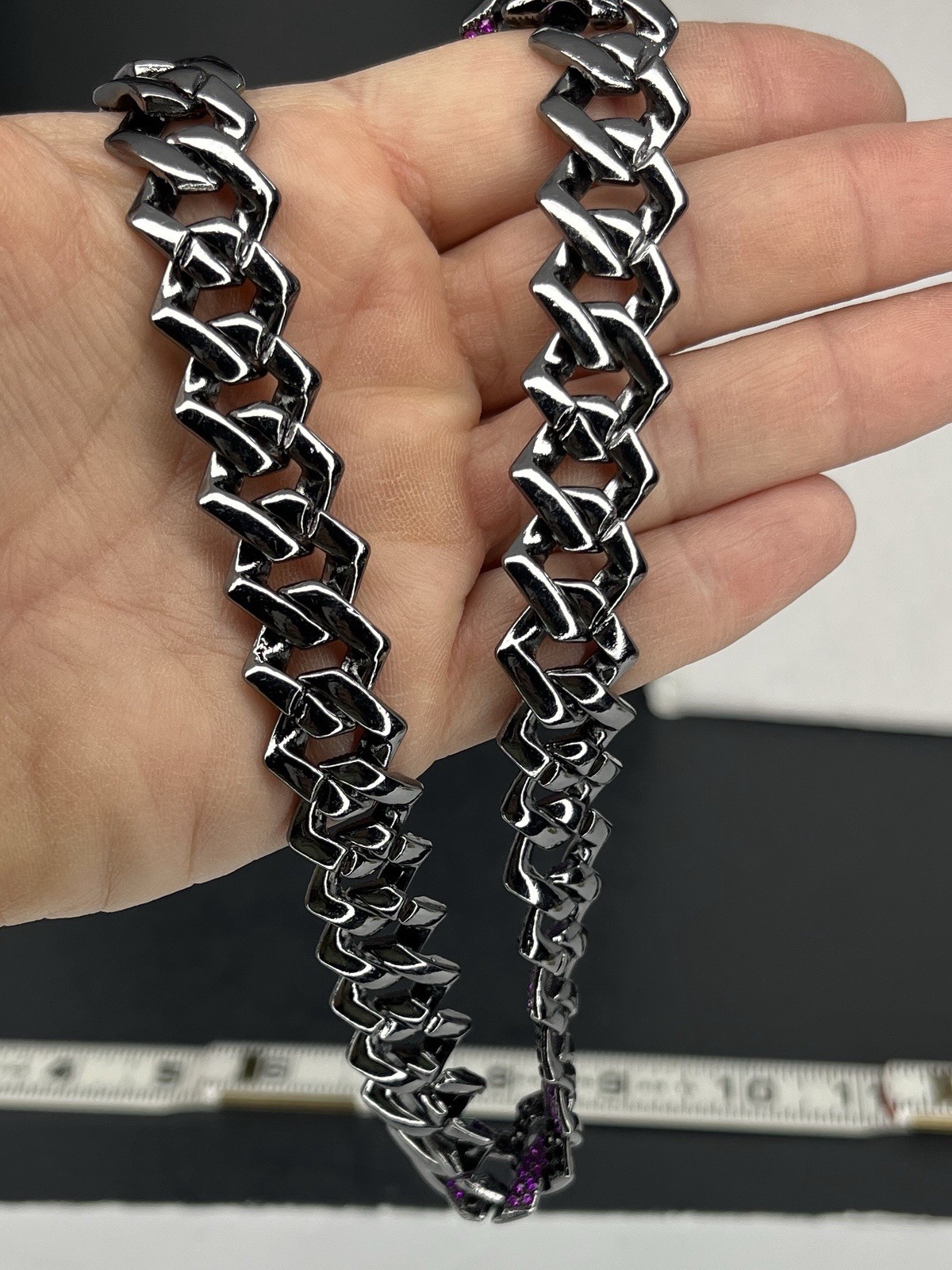 Flat Cuban Link Chain Necklace Black Purple Pave Crystal Gunmetal Wide Choker
