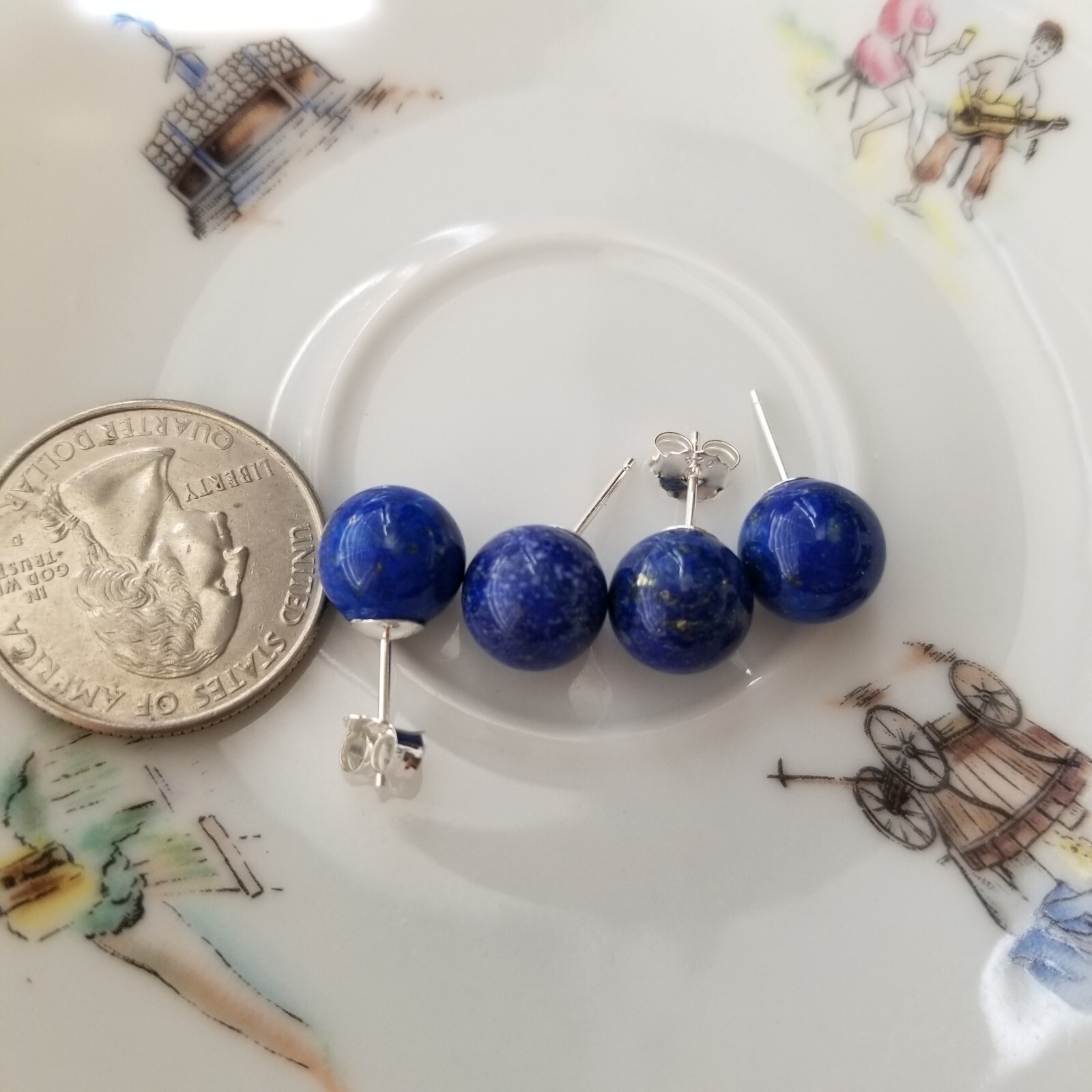 Solid 925 Sterling Sliver Natural Blue Lapis 10mm Round Ball Stud Earrings