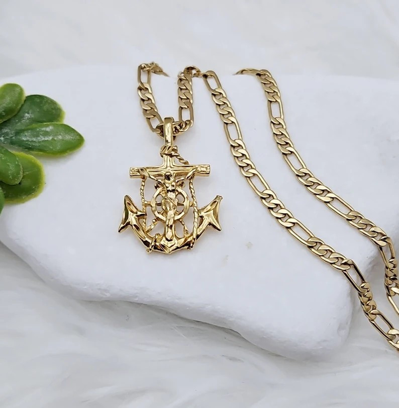 Gold Anchor Crucifix Pendant With 4mm Round Figaro Chain, 14k Heavy Plated Gold