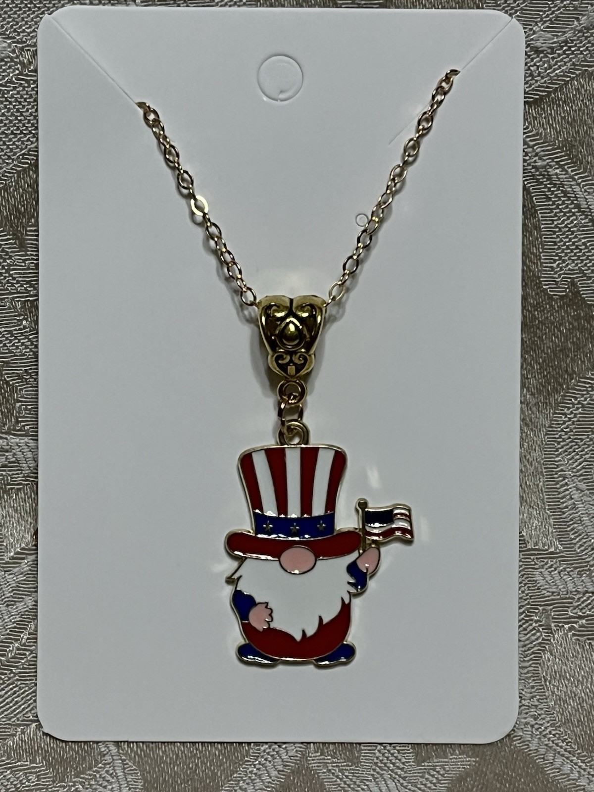 America Patriot 4th Of July Gnome Enamel Gold Boho Trendy Adorable Necklace 18”