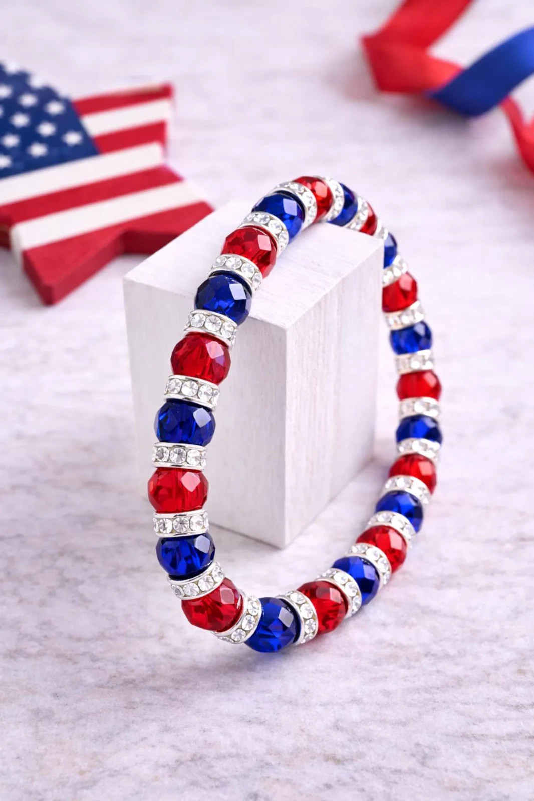 Patriotic Red White Blue Stretch Bracelet – Hypoallergenic Beaded Bracelet