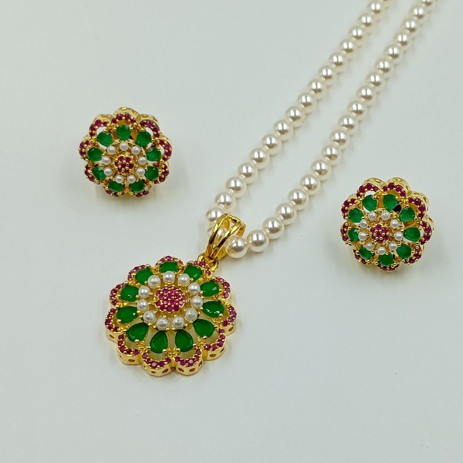 Ruby Emerald Pearl Pendant Set 22k Gold Plated Traditional South Indian