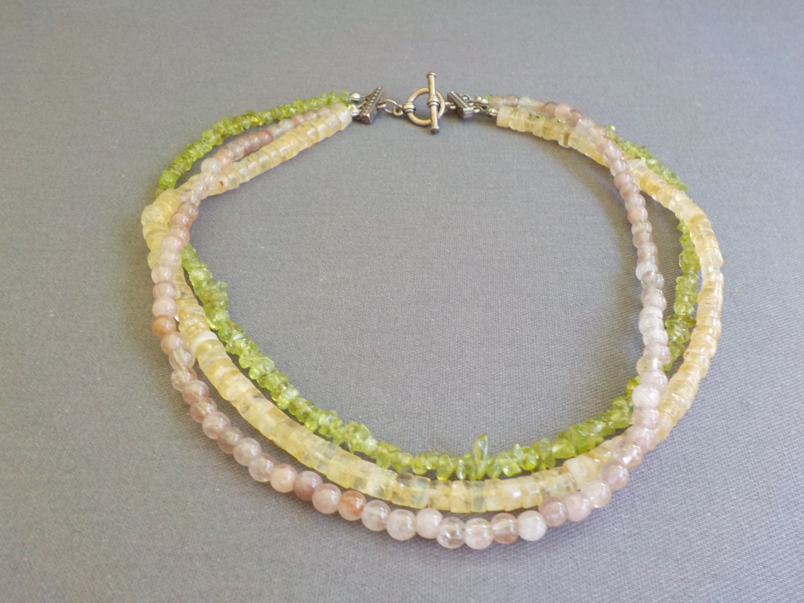 Three Strand Stone Bead Light Green Pink Choker Necklace 16″ Long Variety Shapes