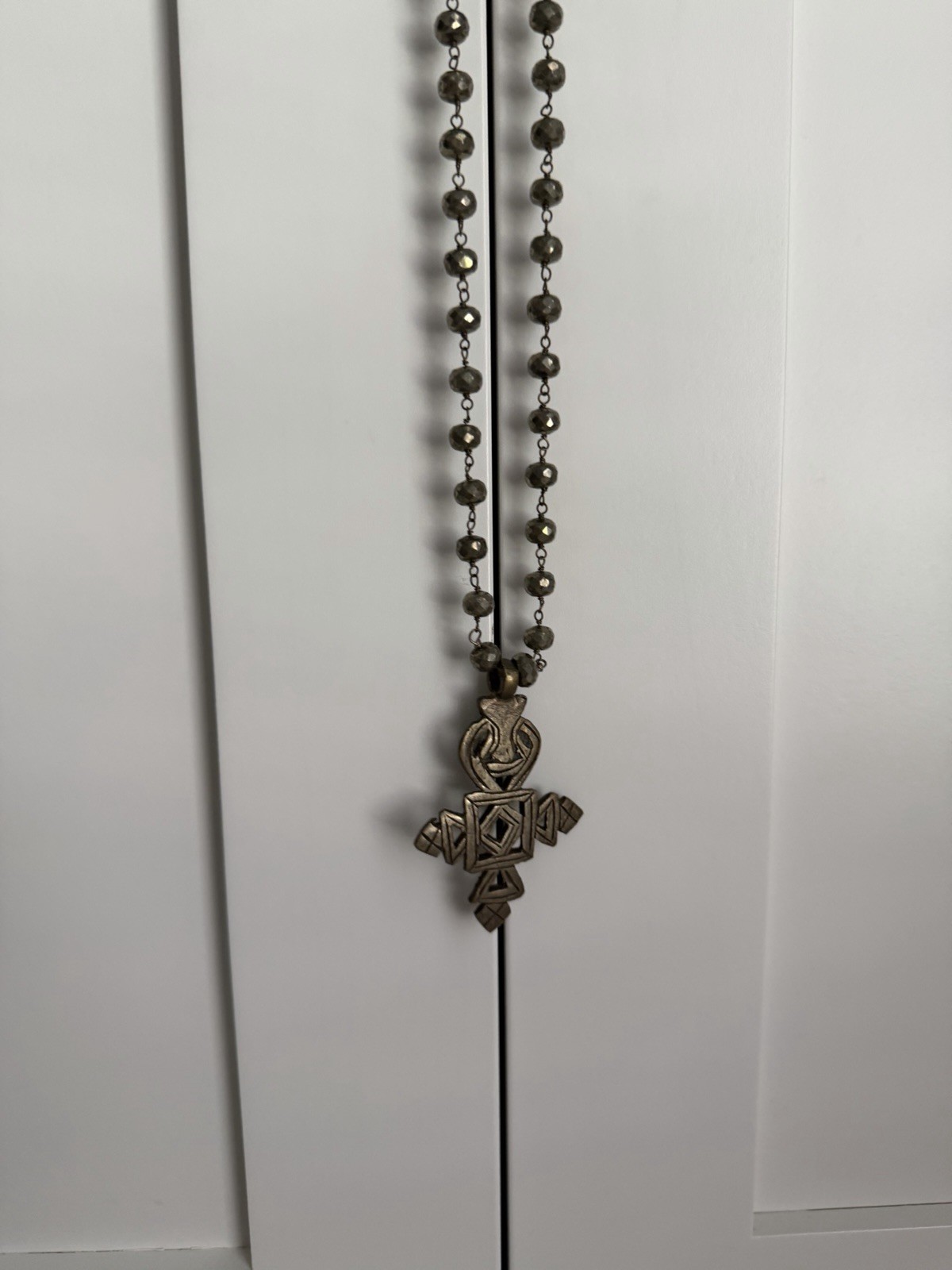 Artisan Gray Faceted Beaded Cross Pendant Necklace 34” Boho Southwestern