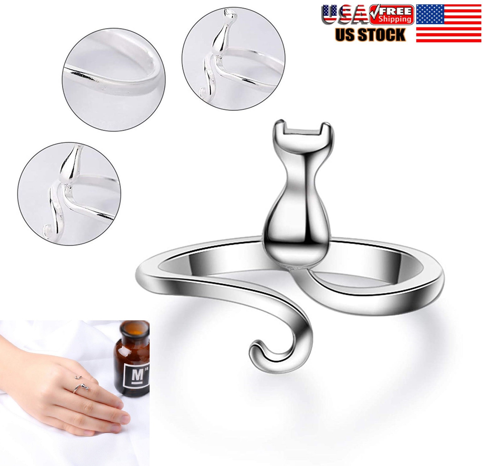 Cute Cat Sterling Silver Engagement Open Toe Rings Pet Lovers Dainty Adjustable