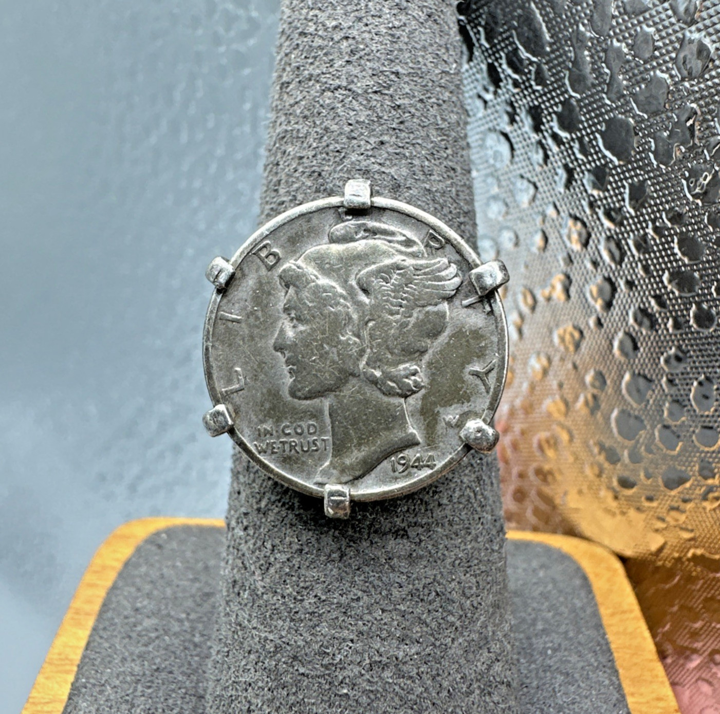 Vintage Silver 1944 Mercury Dime Ring Prong Set Adjustable Size ~6.75 to 7.75
