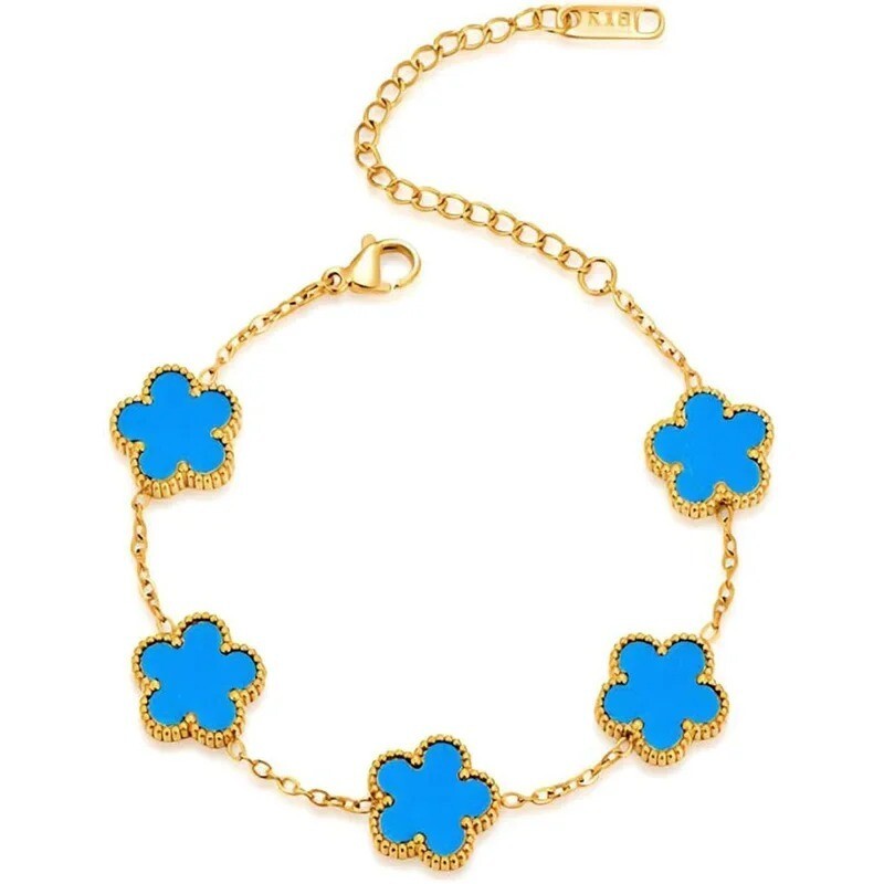 14K Gold Plated Five-leaf Clover Link Bracelets White BlackBlue Gold Red Green