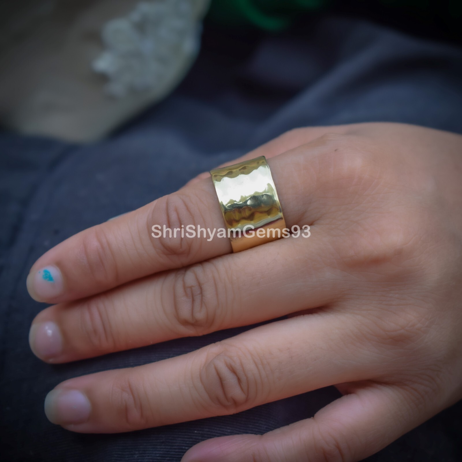 Hammered Dainty Texture Solid Brass Wide Band Handmade Jewelry Ring Unisex Rings