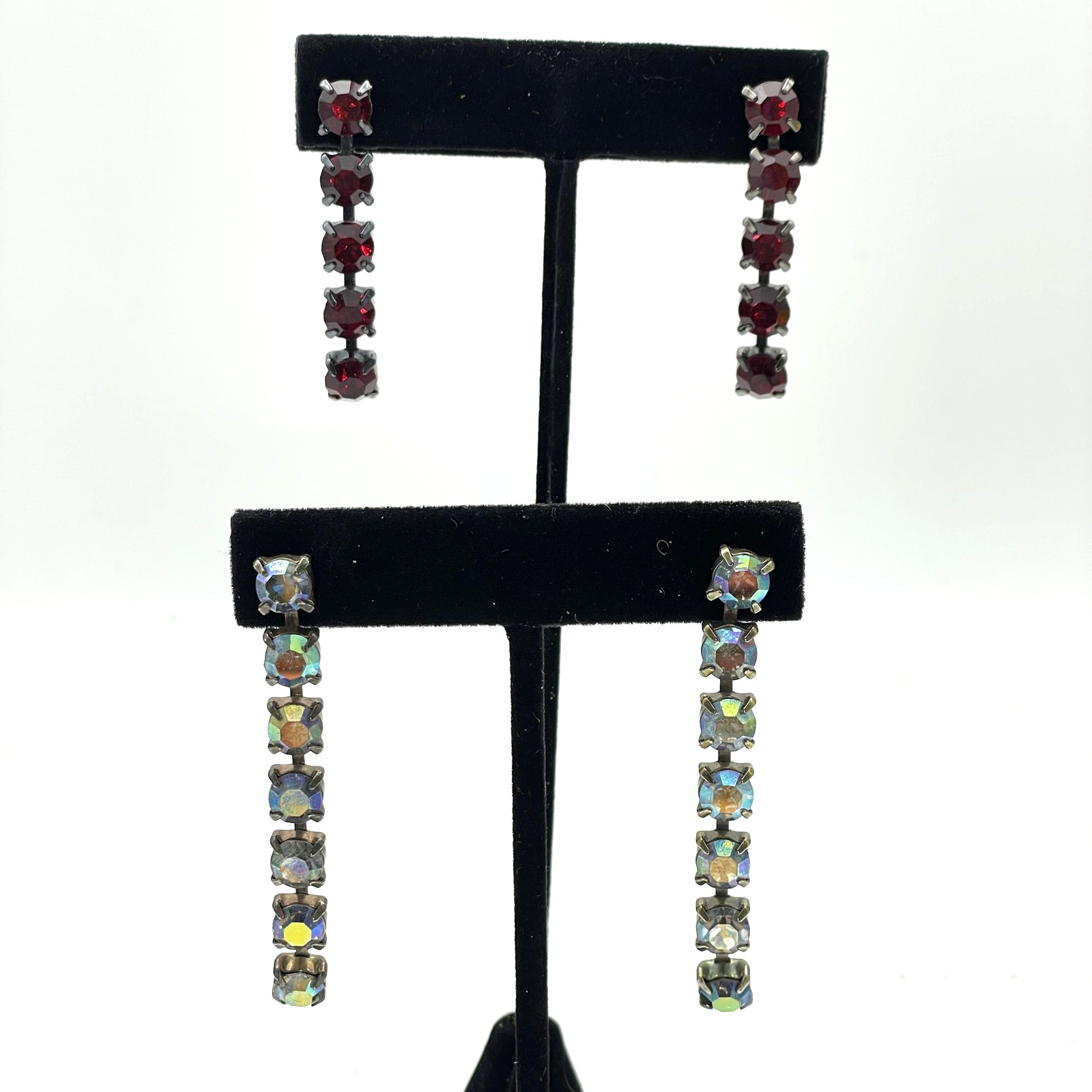Vintage Rhinestone Dangle Earrings Aurora Borealis Red Crystal Drop Pierced Lot