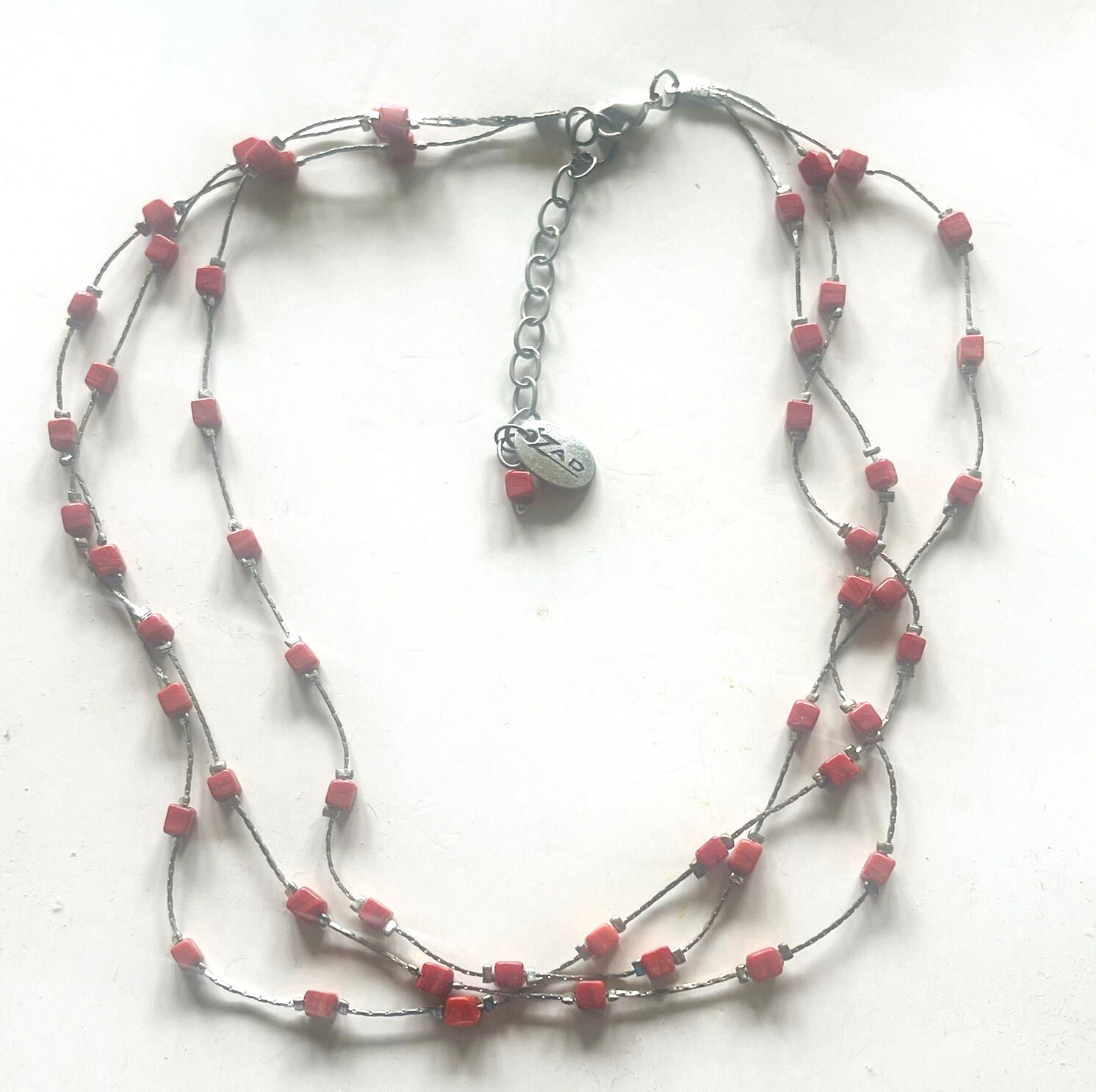 ZAD Beaded Multi Strand Red Stone Silver Tone 16″ Necklace 2.5″ Extension