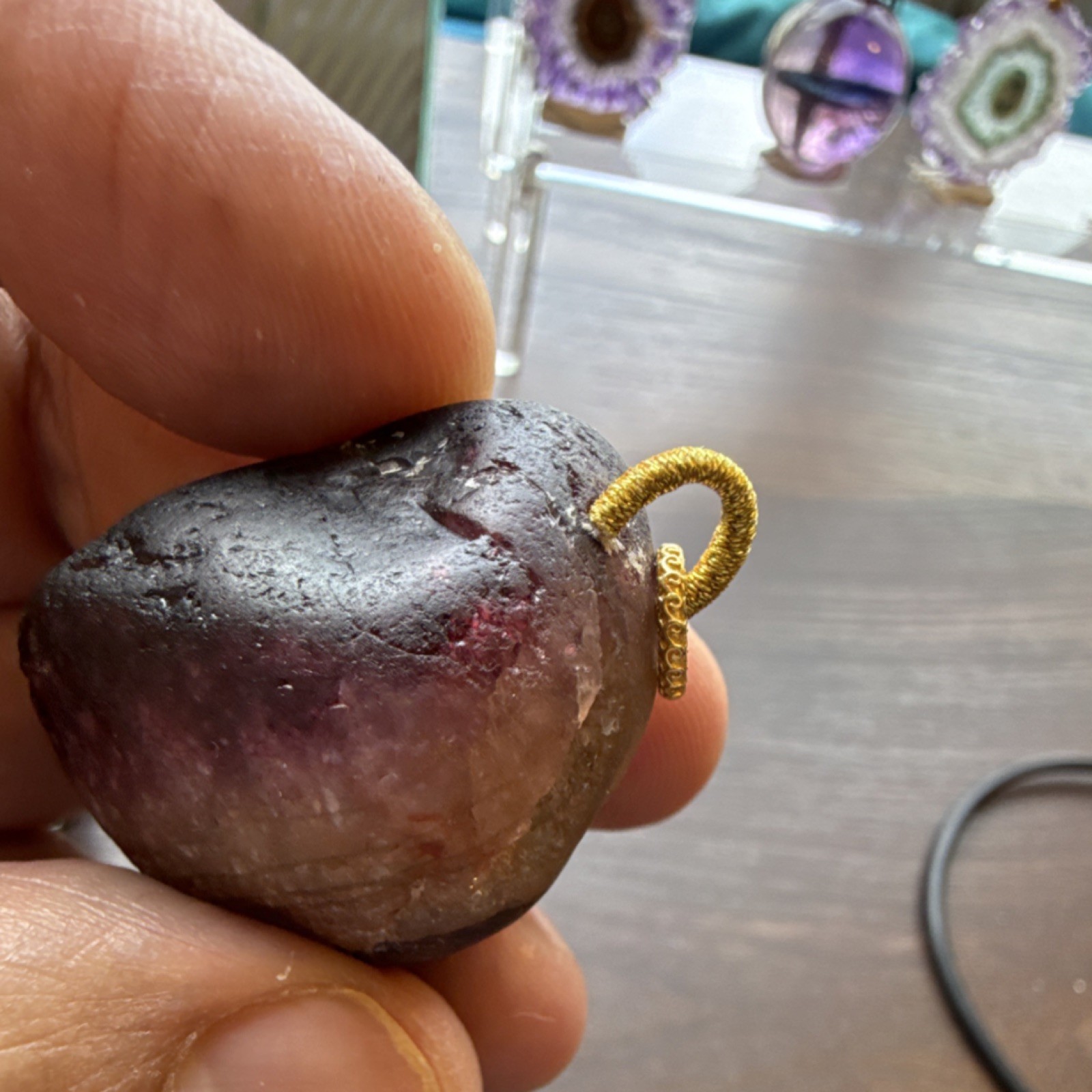 Tourmaline in Quartz Rubellite Stone Pendant Purple with 18k Gold Bail