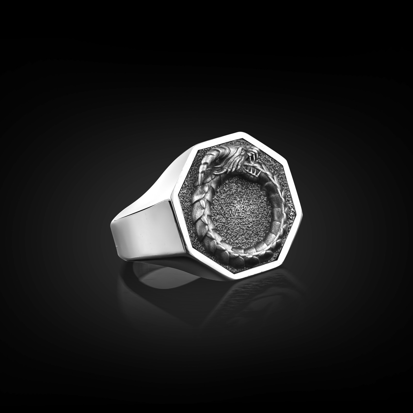 Ouroboros Dragon Polished Silver Ring, Fantasy Geometric Men Gift Jewelry