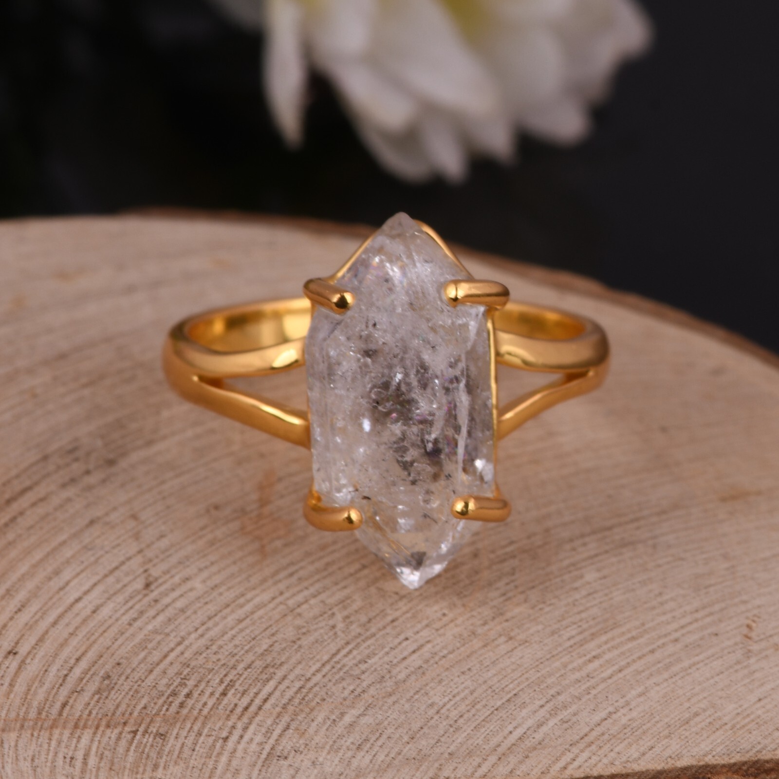 Raw Herkimer Diamond Gemstone Ring Handmade Rough Crystal Jewelry For Women