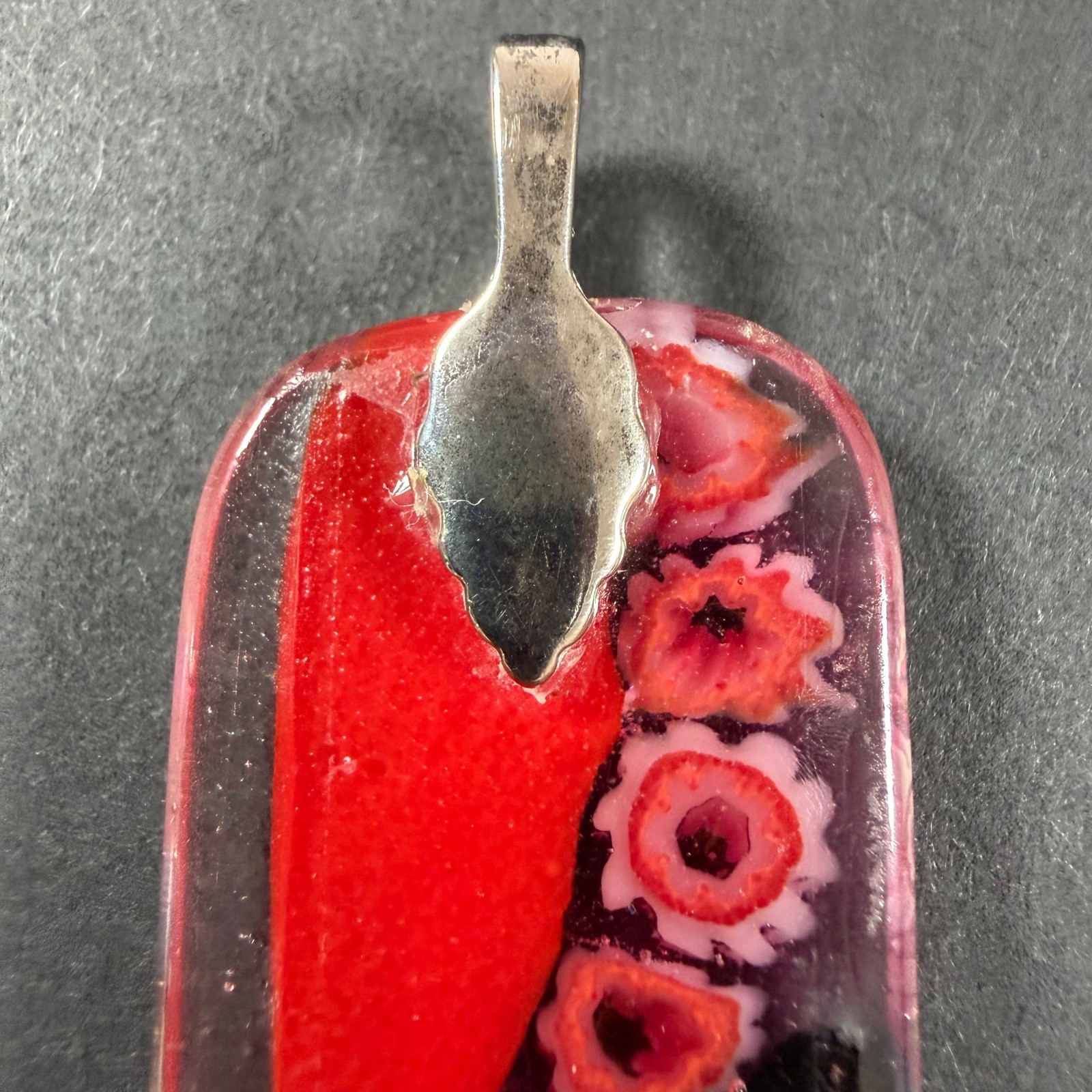 Millefiori Dichroic Glass Pendant Red Black Floral Artistic No Chain