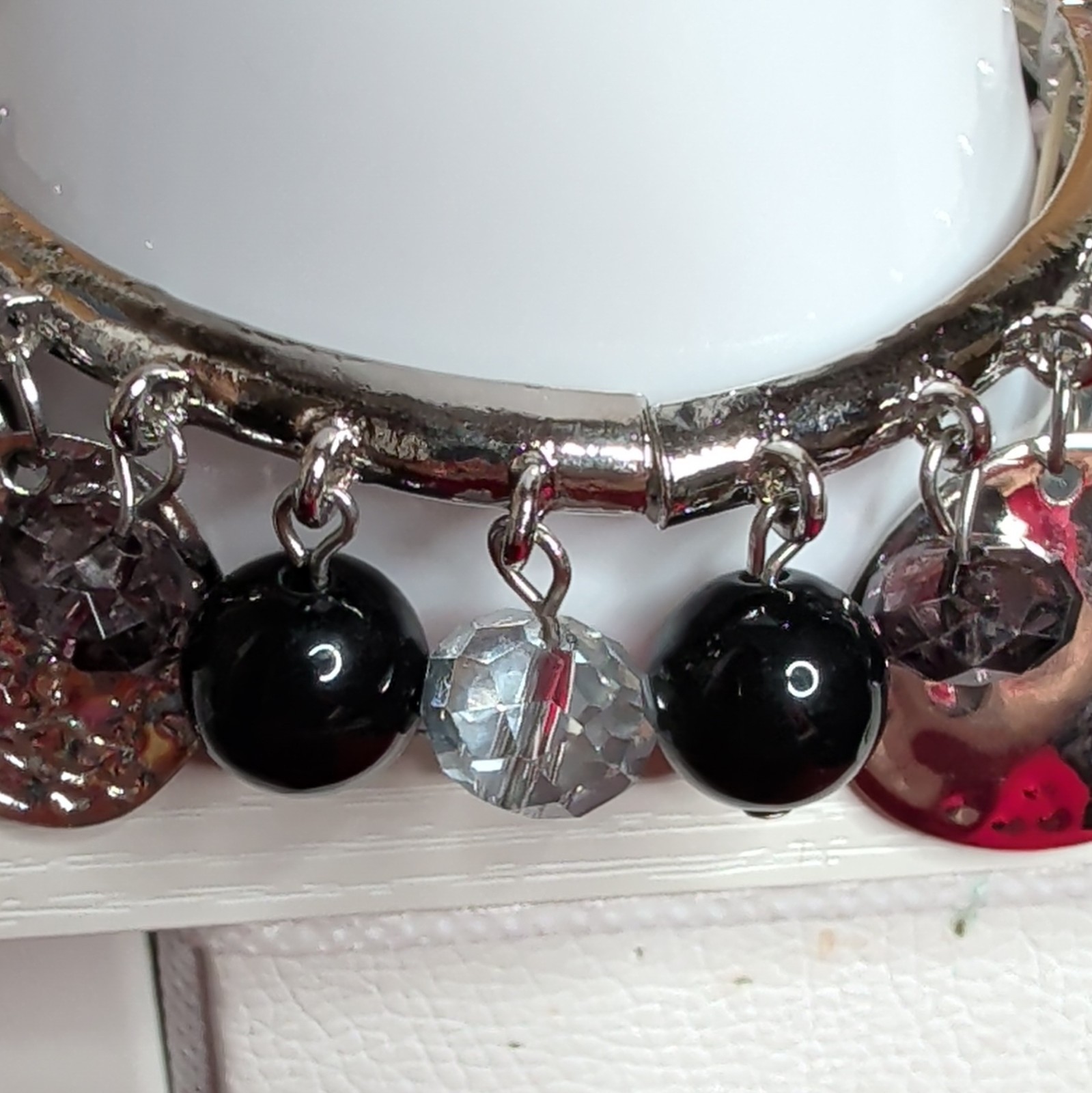 Silver-Tone Hinged Charm Stretch Bracelet w/ Black Clear Purple Round Beads
