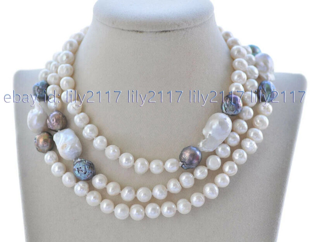 Natural 9-10mm 16-22mm White Black Baroque Keshi Reborn Pearl Necklace Long 45”