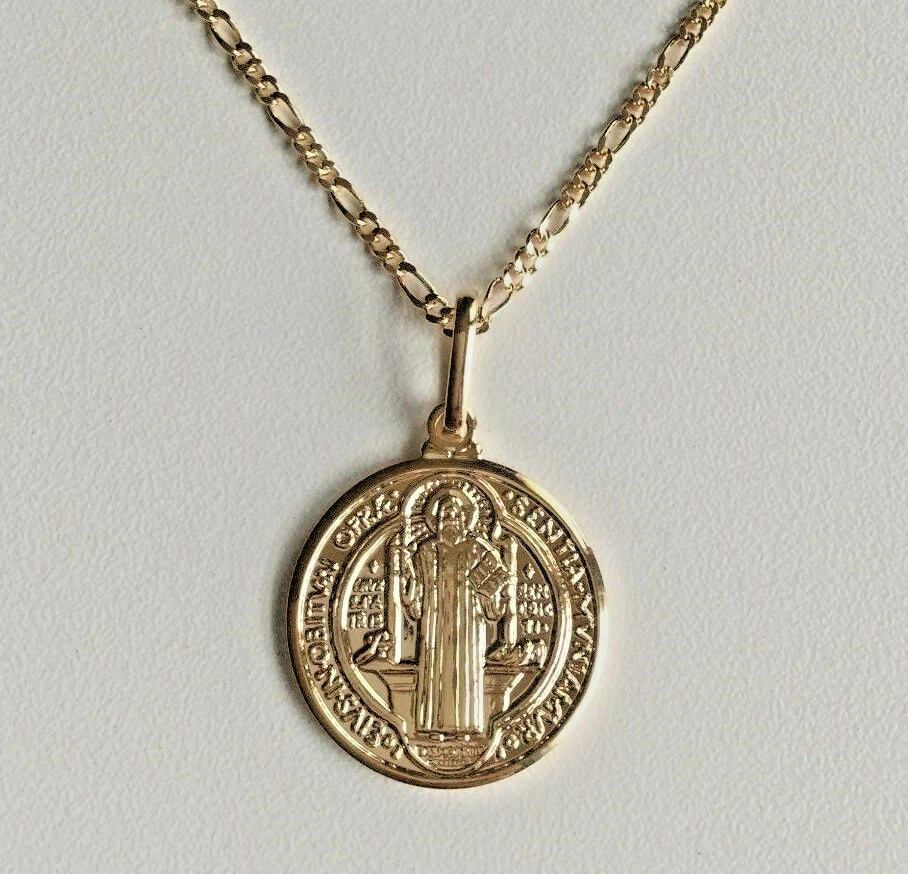 18K Yellow Gold Filled Saint Benedict San Benito Medal Pendant 20″ Necklace-20mm