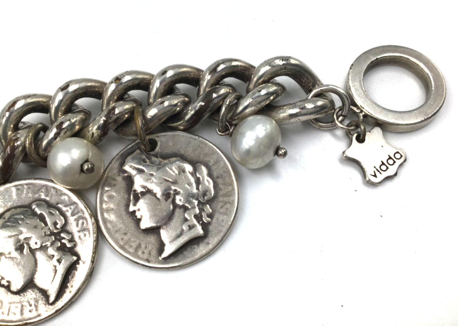 Silver Plated Faux Coin Bracelet Vidda Spain Freshwater Pearls Curb Chain READ