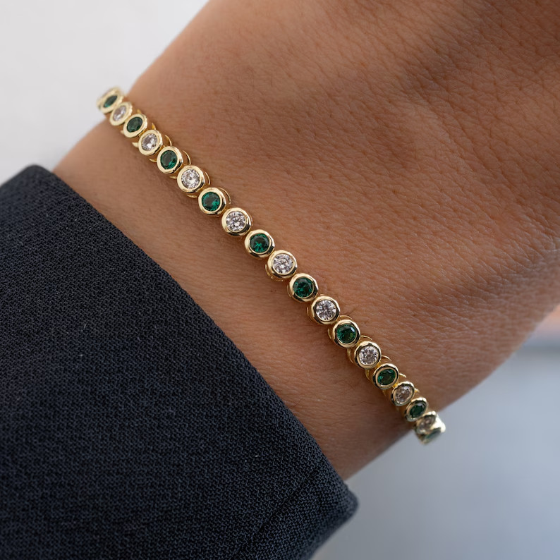 6 Ct Round Simulated Emerald 925 Yellow Sterling Silver Women’s Tennis Bracelet