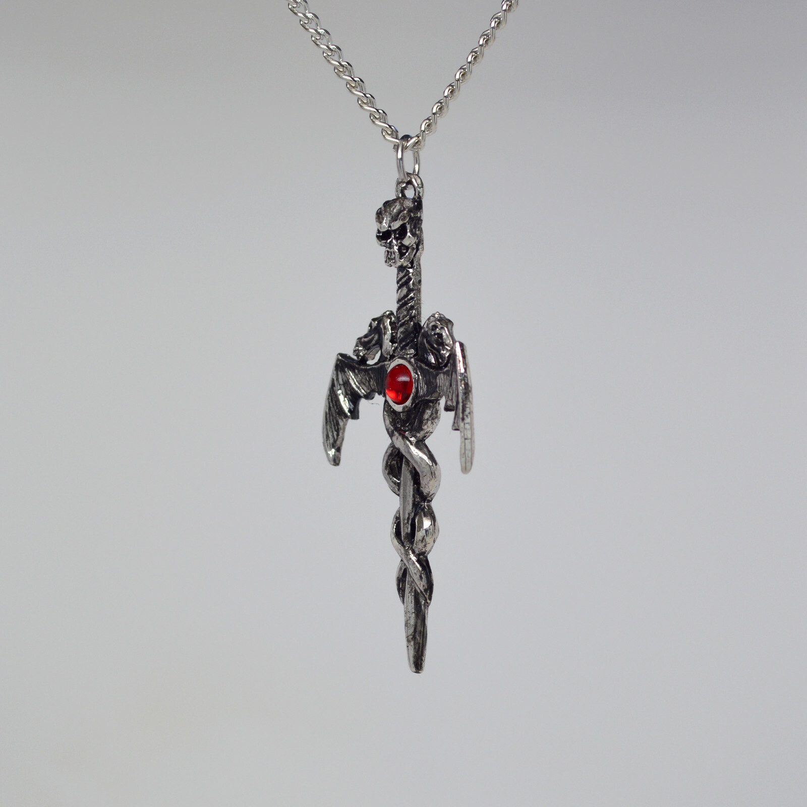 Gothic Skull On Sword with Dragons Silver Finish Pewter Pendant Necklace NK-681