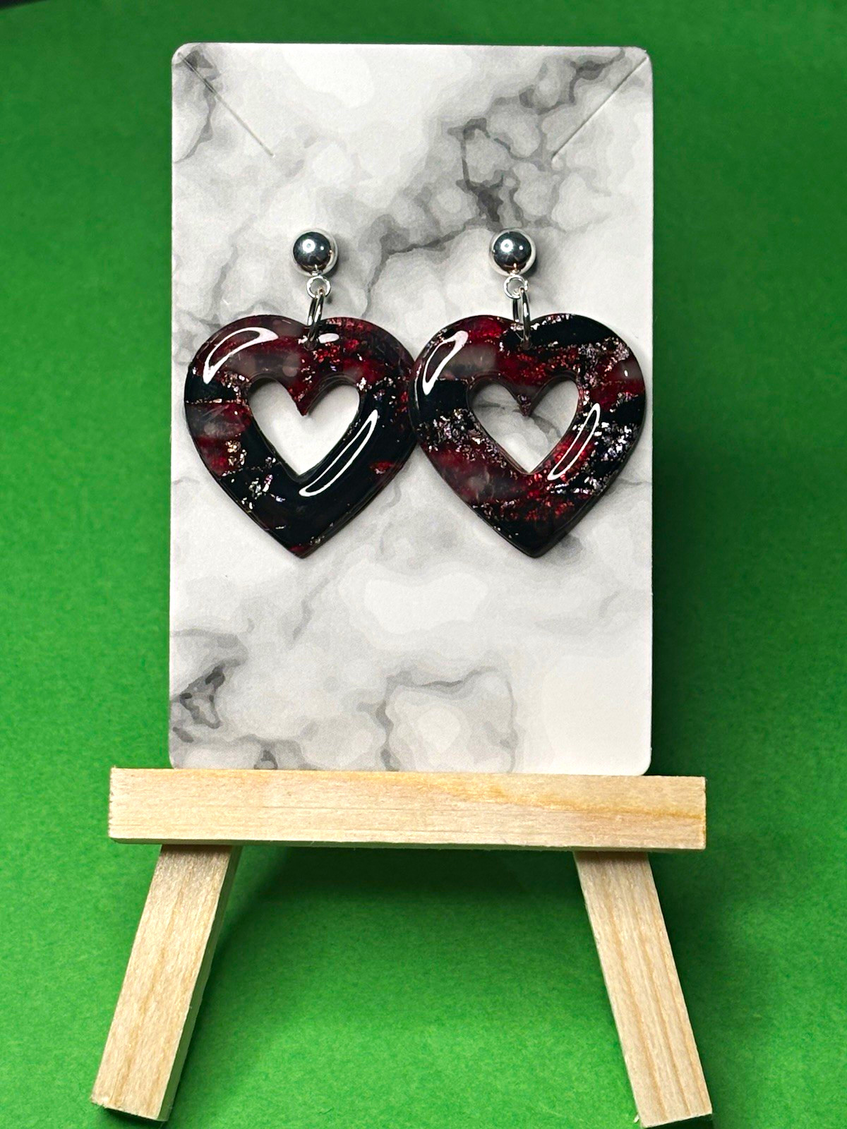 Handmade Black Red with Silver flakes Heart Dangle Drop Earrings