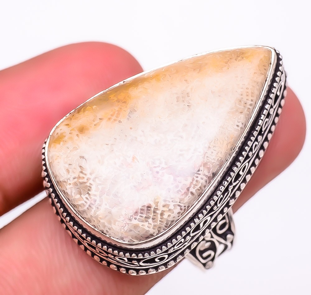 Natural Fossil Coral Gemstone 925 Silver Plated Jewelry Ring s9 LR-7304