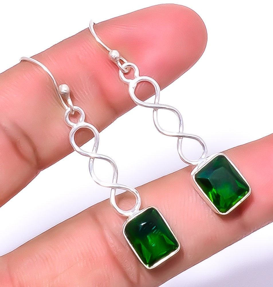 Chrome Diopside Gemstone 925 Silver Plated Spiral Earring 1.79″ T96