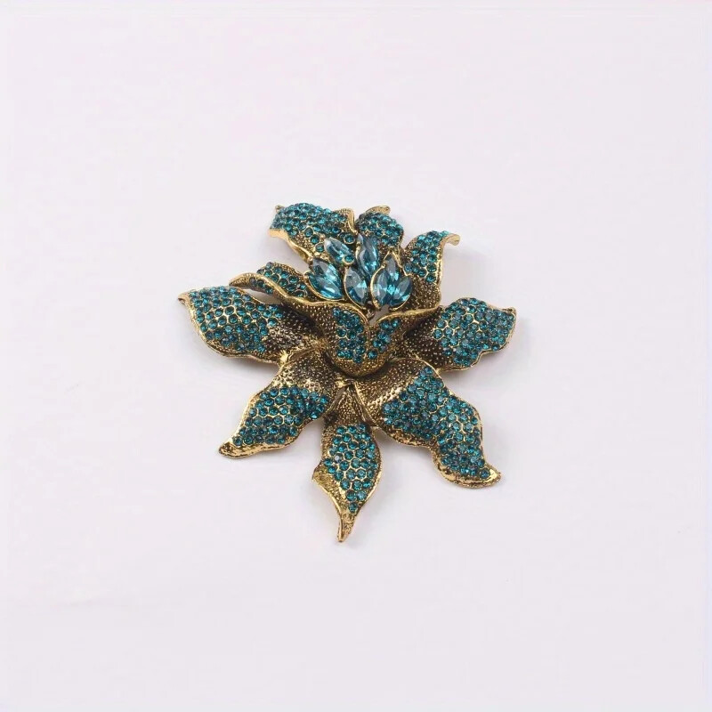 Unique Vintage Style Flower Leaf Blue Rhinestone Crystal Pendant Brooch Pin Gift